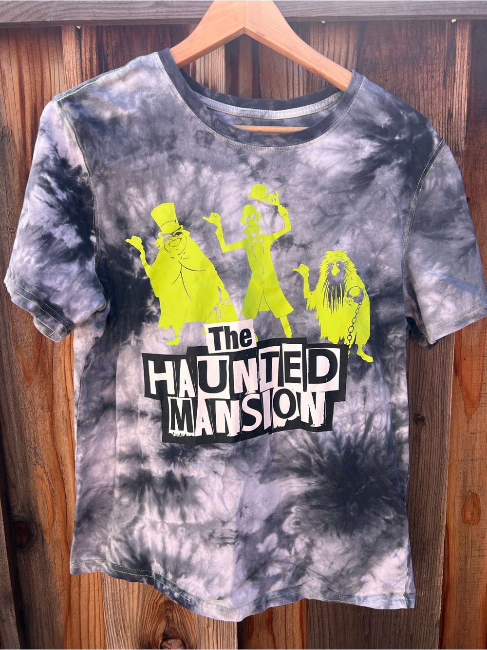Disney Haunted Mansion Tie-Dye  T-Shirt in Gray with Neon Green Graphic